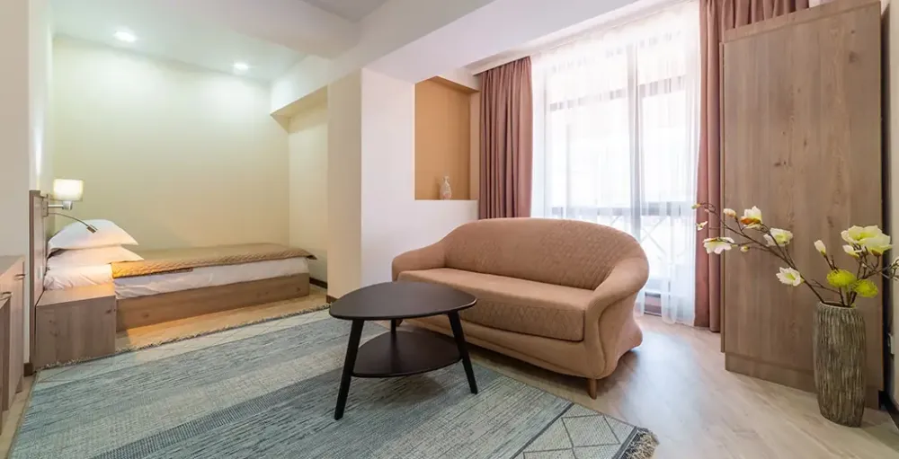 Гостиная с диваном и спальной зоной в номере Адель